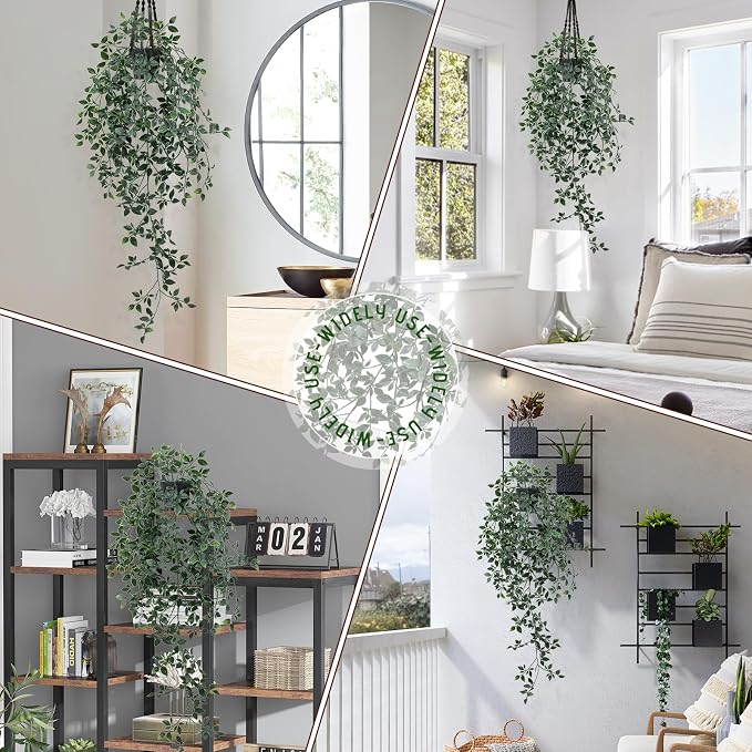 Fake Hanging Plant with Pot Small Artificial Potted Vine Plants 28.7-in Long Faux drooping Foliage Plants for Shelf Home Office Indoor Outdoor Garden Greenery Decor (Black Pot)