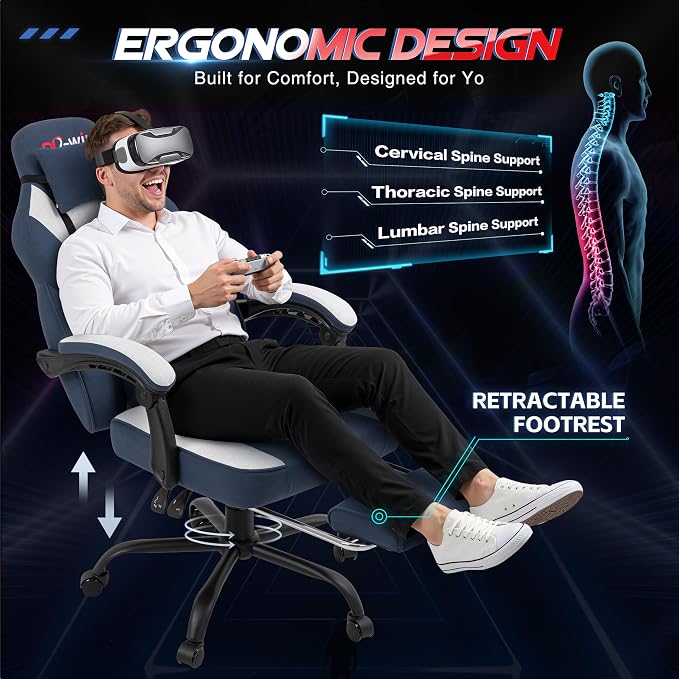 DL-win Video Gaming Chair for Adults, Computer Chair with Footrest and Ergonomic High Back, Big and Tall Gamer Chair with Massage Lumbar Support (Light Blue Fabric)