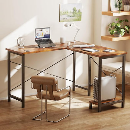 DUMOS L Shaped Desk, Computer Gaming Desks Corner Office Table with CPU Shelf for Home Study Writing Work Station 50 Inch, Sturdy Modern Design, Study, and Home Office Use, Rustic Brwon