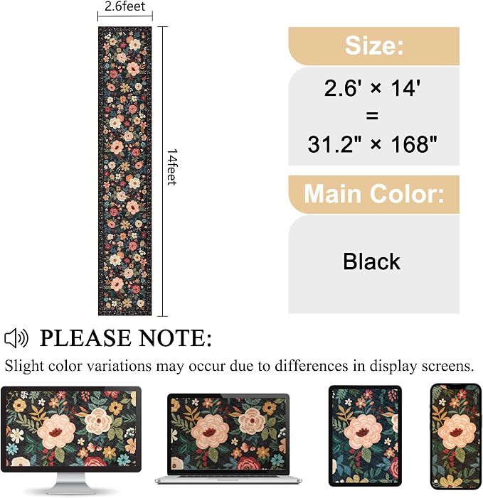 DUKINO 2.6x14 Kitchen Runner Rug, Lightweight Floral Washable Rug for Hallway, Boho Low Pile & Non Slip Backing Soft Floor Carpet for Entryway, Bedroom, Bathroom, Laundry, Black