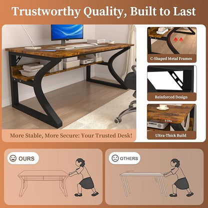 AZN Computer Desk, 55 X 20 inch Computer Desk, Office Desk w/Storage, Large Legroom, Sturdy Metal Frame, Home Office Desks for Gaming Study Writing Work, Waterproof, Scratch-Resistant, Rustic Brown