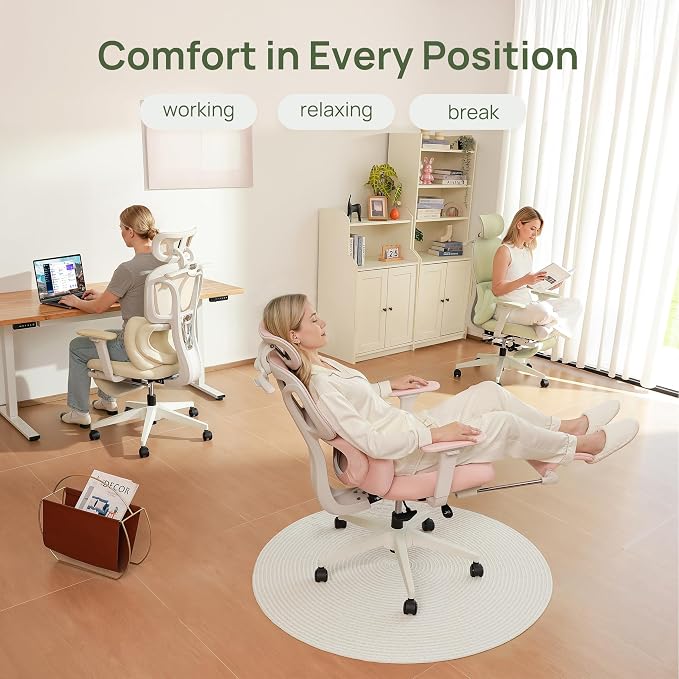CabLady S1 High Back Ergonomic Mesh Office Chair with Footrest, 300 lbs | 115° Recline Lock, Adjust Seat Depth, 2D Arms, 3D Headrest, Detachable Lumbar Support, Breathable Mesh, BIFMA, Green