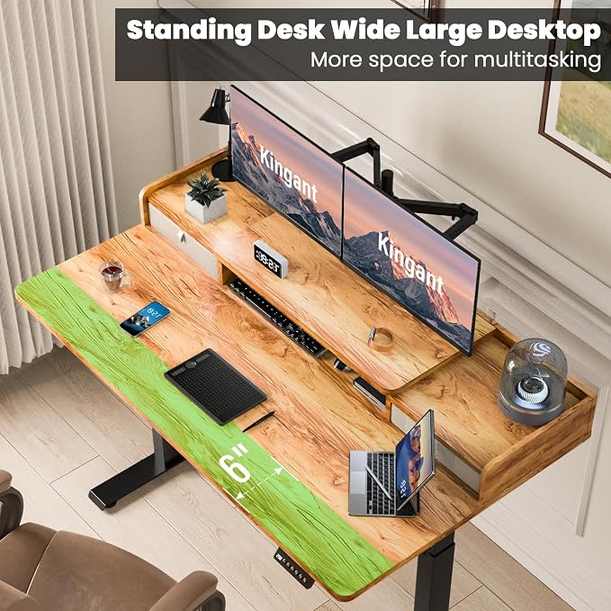 Kingant 63 x 30 Inch Electric Standing Desk with Dual Drawers, Adjustable Height Computer Desk for Home Office, Large Workstation Sit Stand Up Desk with Built-in Storage Shelf, Light Rustic Brown