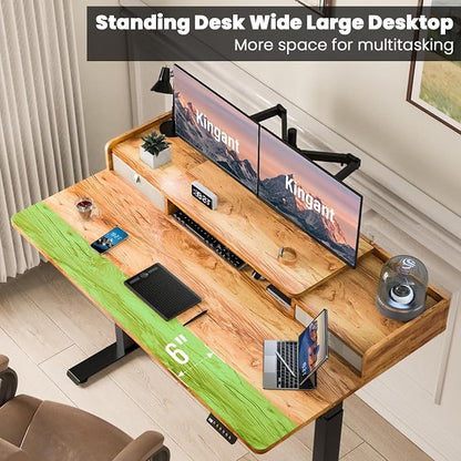 Kingant 55 x 30 Inch Electric Standing Desk with Dual Drawers, Adjustable Height Computer Desk for Home Office, Large Workstation Sit Stand Up Desk with Built-in Storage Shelf, Light Rustic Brown