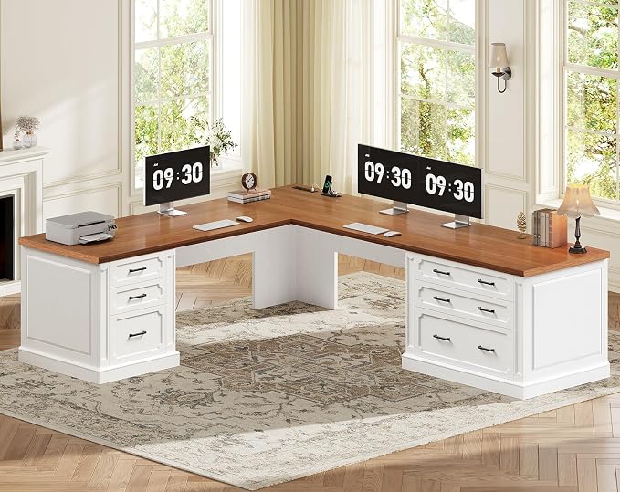 SEDETA Farmhouse 78.8" L Shaped Desk with 6 Drawers, Home Office Desk with Power Outlet, File Cabinet Storage, Wood Corner Computer Desk for Work and Study, White+Brown