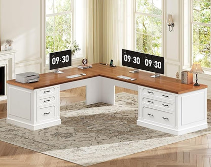 SEDETA Farmhouse 78.8" L Shaped Desk with 6 Drawers, Home Office Desk with Power Outlet, File Cabinet Storage, Wood Corner Computer Desk for Work and Study, White+Brown