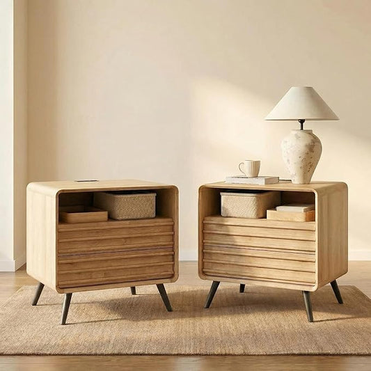 RedLemon 24" Nightstand Set of 2 with Charger Station, Mid Century Modern Fluted End Table with 2 Drawers, Wooden Side Table with Open Cubby Storage for Living Room, Bedroom, Office(Natural Oak)