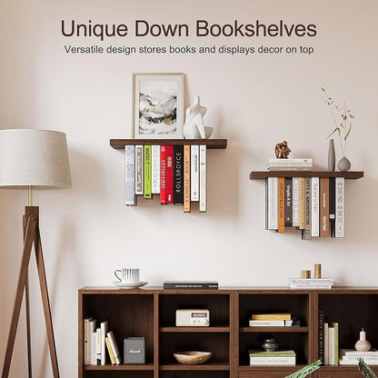 Floating Bookshelves for Wall, Rustic Wood Hanging Wall Bookshelf, Upside Down Book Shelf and Wall Mounted Bookshelves for Home Decor in Bedroom, Living Room, Carbonized, 2 Pack