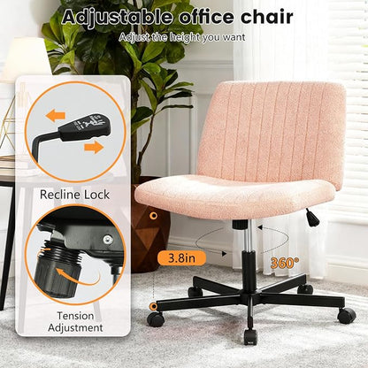 FDW Criss Cross Chair with Wheels Cross Legged Office Desk Modern Swivel Height Adjustable Wide Seat Computer Task Vanity Chair Comfy Fabric Armless Seating for Home Office
