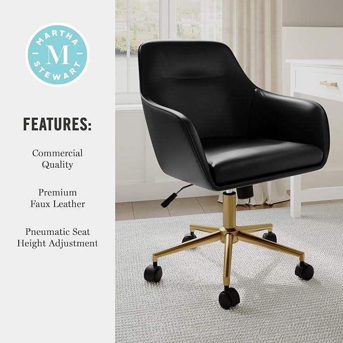 Martha Stewart Rayna Swivel Task Chair with Flared Arms for Home Office in Black Faux Leather with Polished Brass Frame
