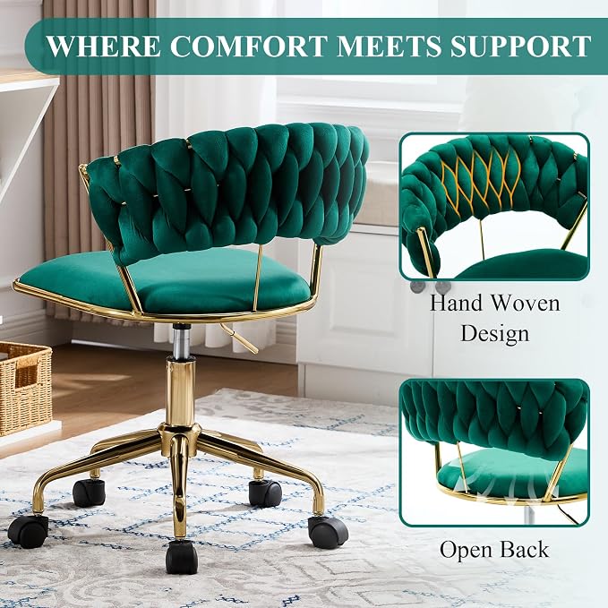 NIOIIKIT Home Office Chair, Velvet Upholstered Task Chair with Woven Open Back, 360° Swivel Desk Chair with Wheels, Adjustable Vanity Chair, Computer Chair for Office, Studio (Emerald)