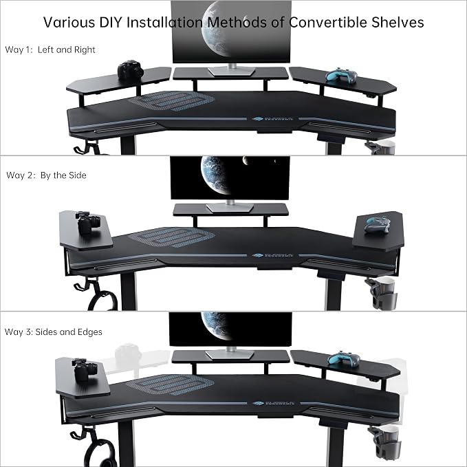 EUREKA ERGONOMIC Gaming Desk Adjustable Height Standing Desk 63" Wing Shaped Music Studio Table Workstation w Full Coverage Mousepad, 3 Stands, Dual Headphone/Cup Holder, Ipad-Slot