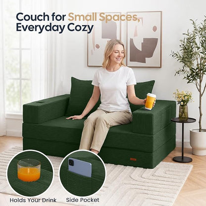 COMAX Futon Sofa Bed, 4‑in‑1 Convertible Sofa Bed, Folding Boneless Couches | Boneless Couch for living room, Fold Out Small Foldable Loveseat Floor Sleeper Mattress Lounge Space‑Saving, Green