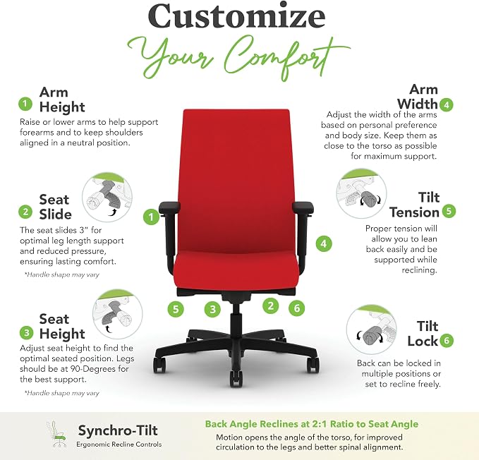 HON Ignition 2.0 Ergonomic Office Chair with Adjustable Arms, Advanced Synchro‑Tilt Recline, Upholstered Desk and Computer Chair for Home Office or Workstation, Black Frame, Ruby