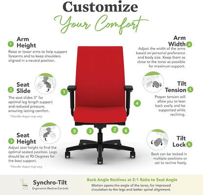 HON Ignition 2.0 Ergonomic Office Chair with Adjustable Arms, Advanced Synchro‑Tilt Recline, Upholstered Desk and Computer Chair for Home Office or Workstation, Black Frame, Ruby