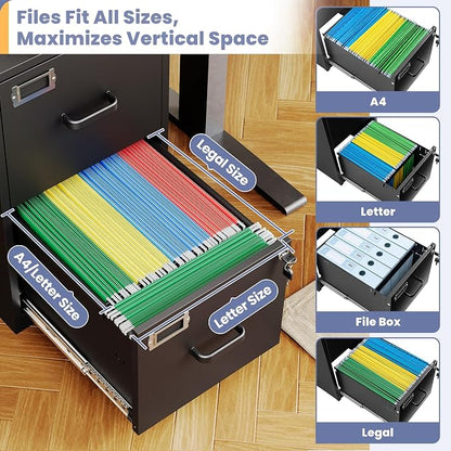 2-Drawer File Cabinet with Lock, Small Filing Cabinet Organizer for Hanging A4/Letter/Legal Size Folder, Under Desk Vertical Filing Cabinets for Home Office, Printer Stand, Black