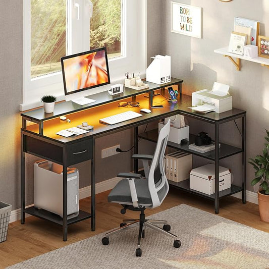 DUMOS 53” Gaming Desk with USB Charging Ports & LED Lights, Reversible L Shaped Desks Computer Corner Gamer Table with Stand Storage Shelves for Home Office Small Space, Modern Black