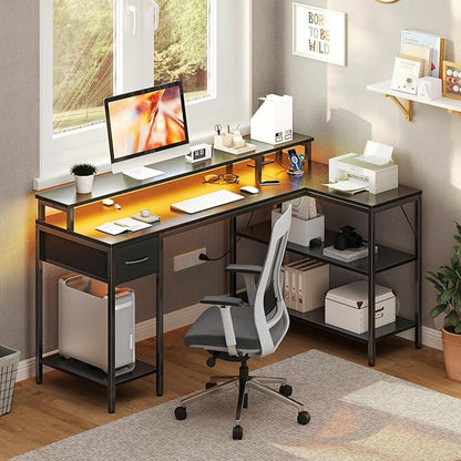DUMOS 53" Gaming Desk with USB Charging Ports & LED Lights, Reversible L-Shaped Corner Computer Table for Small Spaces, Power Outlets, Monitor Stand & Storage Shelves Included, Black