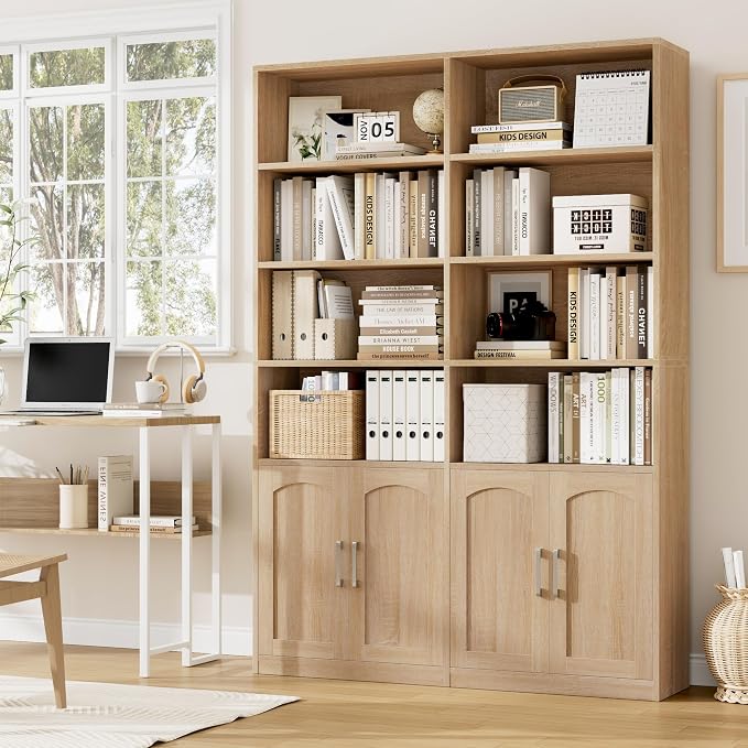 FACBOTALL Bookshelf and Bookcase with Doors, 6 Tier Double Wide Large Bookshelves, Open Display Shelves, 73'' Tall Bookshelf with Storage Cabinets for Home Office, Living Room, Library, Oak