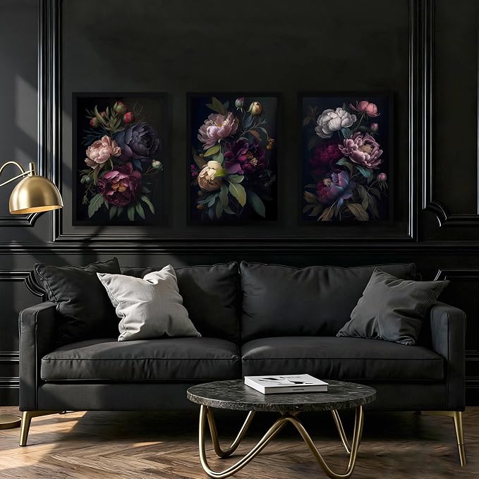 ICHZUMW Moody Peony Floral Canvas Wall Art Set of 3, Black Wood Framed Dark Academia Gothic Botanical Wall Decor, Ready to Hang Fade‑Resistant Flower Pictures for Bedroom Living Room Bathroom, 12×16in