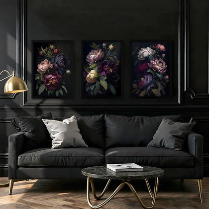 ICHZUMW Moody Peony Floral Canvas Wall Art Set of 3, Black Wood Framed Dark Academia Gothic Botanical Wall Decor, Ready to Hang Fade‑Resistant Flower Pictures for Bedroom Living Room Bathroom, 12×16in