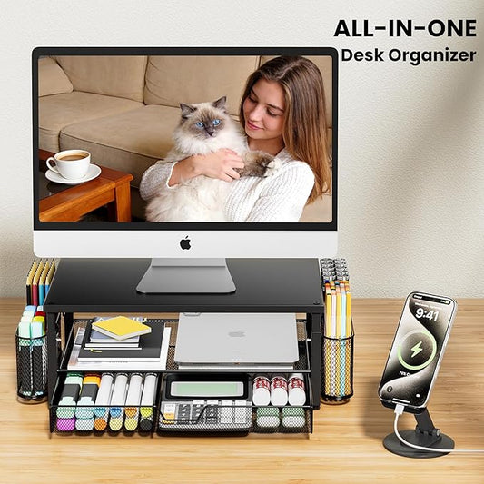 Desk Organizer and Accessories with Cellphone Holder, Height Adjustable 2-Tier Computer Monitor Stand Riser with Drawer and 2 Pen Holders,Office Desk Accessories for Office Supplies, Black
