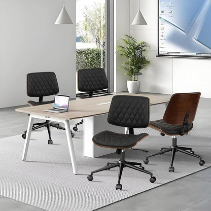 CLATINA Home Office Desk Chair with Wheels, Adjustable Height Armless Office Chair, PU Leather Mid Back 360 Swivel Computer Chair, Modern Walnut Chair for Home, Meeting, Reading Room,Black(2 pk)