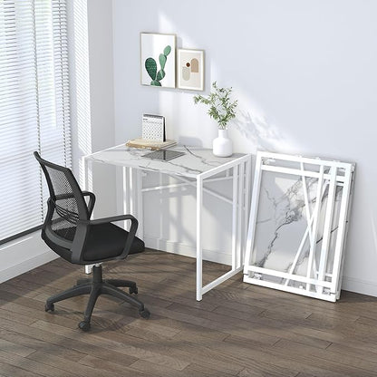 Lutown-Teen 32 inch Folding Small Desk, Writing Gaming Computer Camping Desk for Small Spaces, No Assembly Required Home Office Desk, White Marble