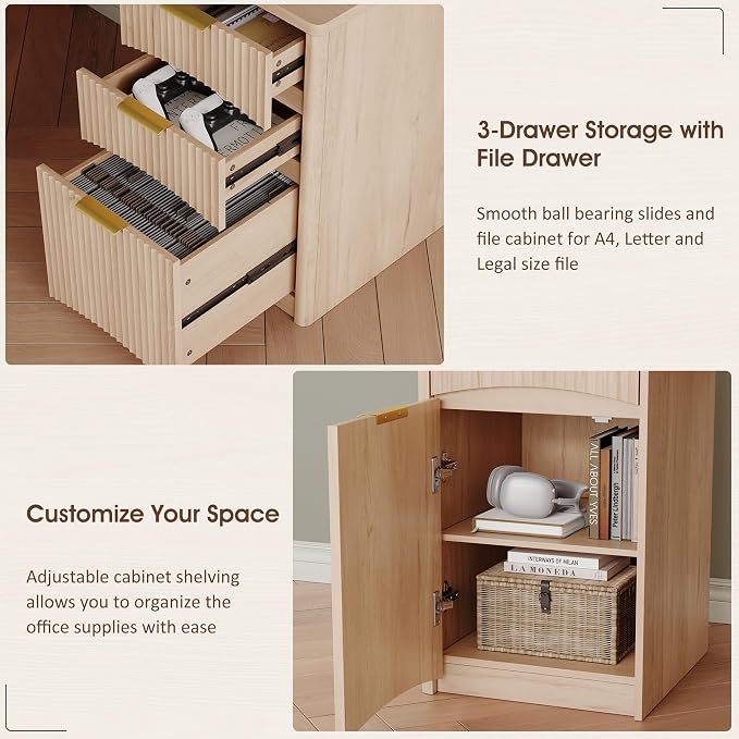 Whalefall 63'' Fluted L Shaped Desk with Drawers, Natural Oak | Corner Computer Desk with Charging Station, Modern Executive Home Office L Desk with File Cabinet Storage