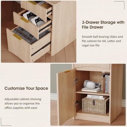 Whalefall 63'' Fluted L Shaped Desk with Drawers, Natural Oak | Corner Computer Desk with Charging Station, Modern Executive Home Office L Desk with File Cabinet Storage