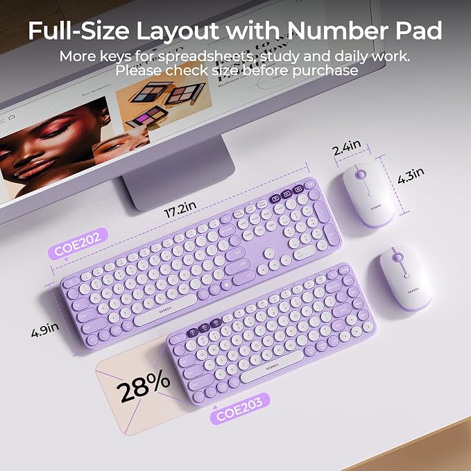 seenda COE202 Wireless Bluetooth Keyboard and Mouse Combo, Star Purple | USB & Dual Bluetooth for 3-Device Switching, Soft Quiet Round Keys, Silent Clicks, Full-Size for PC/Laptop/Mac/MacBook/iPad