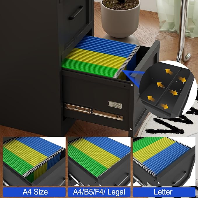 Small Metal 2-Drawer File Cabinet, Under Desk Office Cabinet, Black | Rolling, Locking, Adjustable Hanging Rail, Fit A4, FC, Letter, Hanging File Folders for Home Office Storage Organization, 2PS