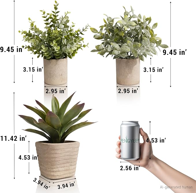 3 Pack Small Fake Plants in Pulp Pot for Home Decor | Artificial Agave Plants Indoor, for Bathroom Bedroom Shelf Office Kitchen Room Decor, Easy to Clean, Lifelike Appearance