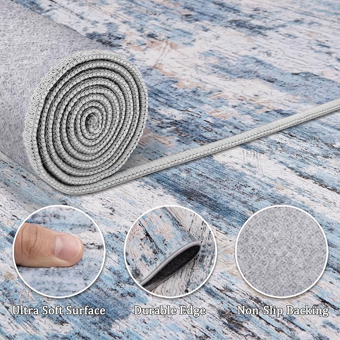 8x10 Area Rug Living Room Rugs - Washable Rug Large Modern Abstract Soft Thin Carpets Indoor Floor No Slip Vintage Carpet for Bedroom Under Dining Table Nursery Home Office Decor Blue