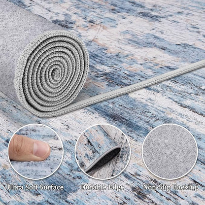 8x10 Area Rug Living Room Rugs - Washable Rug Large Modern Abstract Soft Thin Carpets Indoor Floor No Slip Vintage Carpet for Bedroom Under Dining Table Nursery Home Office Decor Blue