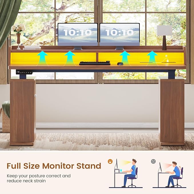 SEDETA Standing Desk with Storage, 55" Fluted Stand Up Desk with Power Outlets and LED Lights, Height-Adjustable Table with Monitor Shelf for Home Office & Gaming, Brown