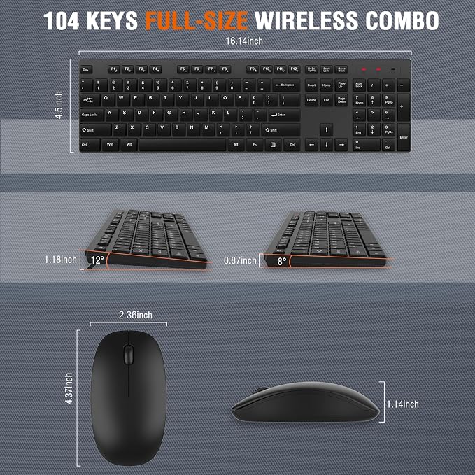 Wireless Keyboard and Mouse Combo, EDJO Silent Full Size Cordless USB Keyboard Mouse, 2.4GHz Lag-Free, Long Battery Life, for Computer, Laptop, PC, Chromebook, Windows (Black, 2 Pack)