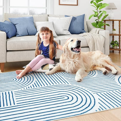 Lahome Abstract Washable Rugs, 4x6 Blue Rug for Bedroom Nursery Soft Non Slip Modern Living Room Rug, Ultra-Thin Non-Shedding Throw Carpet for Entryway Kitchen Office Darrell(4'x6',Blue/White)