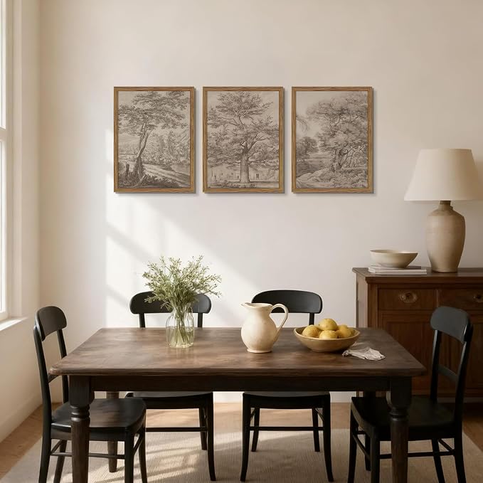 Vintage Landscape Framed Wall Art Set of 3, Neutral Nature Wabi Sabi Canvas Wall Decor Painting, Rustic Retro Botanical Tree Artwork Prints Pictures for Farmhouse Living Room Bedroom 16x24 Inch