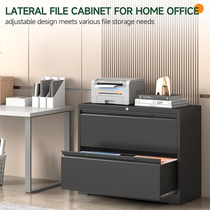 Lateral File Cabinet 2 Drawer, Metal File Cabinet with Lock | Filing Cabinets for Home Office, Black Locking Deep Drawer for Hanging Files Letter/Legal/A4/F4 Size, Assembly Required