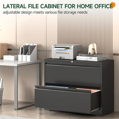 Lateral File Cabinet 2 Drawer, Metal File Cabinet with Lock | Filing Cabinets for Home Office, Black Locking Deep Drawer for Hanging Files Letter/Legal/A4/F4 Size, Assembly Required
