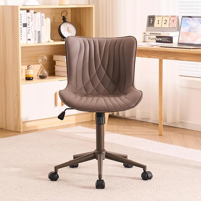 YOUTASTE Armless Office Desk Chair with Wheels, Adjustable Swivel Vanity Chair, PU Leather Upholstered, Ergonomic Back Support, Modern All Brown Computer Chair for Home Office, Bedroom, Study