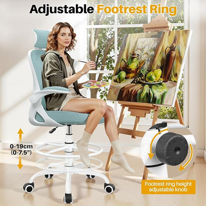 Drafting Chair, Tall Office Chair for Standing Desk, Ergonomic High Back with Headrest, Lumbar Support, Foot Ring and Flip-up Armrests, Light Blue