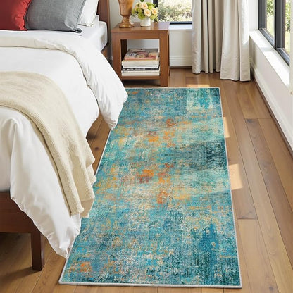RELEANY Washable Area Rugs 2'x10' Non-Slip Modern Abstract Soft for Living Room Entryway Bedroom Kitchen, Print Pattern, Teal Blue Green Orange Rust Red Coloreful