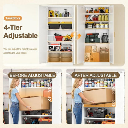 71" H Metal Storage Cabinet, Tall Storage Cabinet with Doors & 4 Adjustable Shelves, White Pantry Cabinet for Kitchen, Dining Room & Living Room