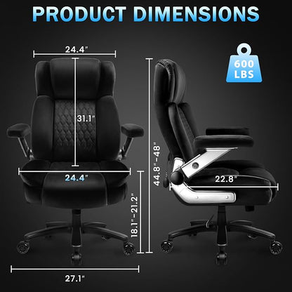 Big and Tall Office Chair 600lbs with 5D Flip Arms, Heavy Duty Executive Office Chairs, Ergonomic Desk Chair with Adjustable Lumbar Support & Rubber Wheels, Velvet Fabric, Black