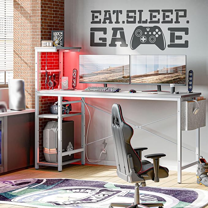 Bestier Gaming Desk with Power Outlets, 61 Inch Large Led Gamer Desk with 4 Tiers Reversible Shelves, PC Gaming Table with Headset Hook & Side Storage Bag for Bedroom (Grey 3D Carbon Fiber)