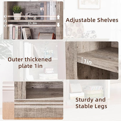RWYHG 43" Grey Tall Bookshelf Set of 3,3-Tier Thick Wooden Book Shelf with Adjustable Shelves,Free Standing Farmhouse Bookcase with Open Display Storage,Floor Vintage Bookshelves for Living Room
