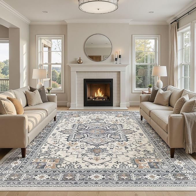UERMEI 10x14 Area Rug Living Room Rugs - Washable Vintage Soft Large Rug Indoor Floor No Slip Rug Carpet for Bedroom Farmhouse Under Dining Table Home Office Decor - Grey-Orange