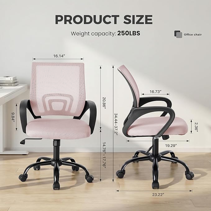 OLIXIS Office Desk Chair - Ergonomic Mid Back with Lumbar Support & Rocking Mode, Height Adjustable with Fixed Armrest, Storage Back for Computer, Gaming, Conference, Meeting Room, 360° Swivel, Pink